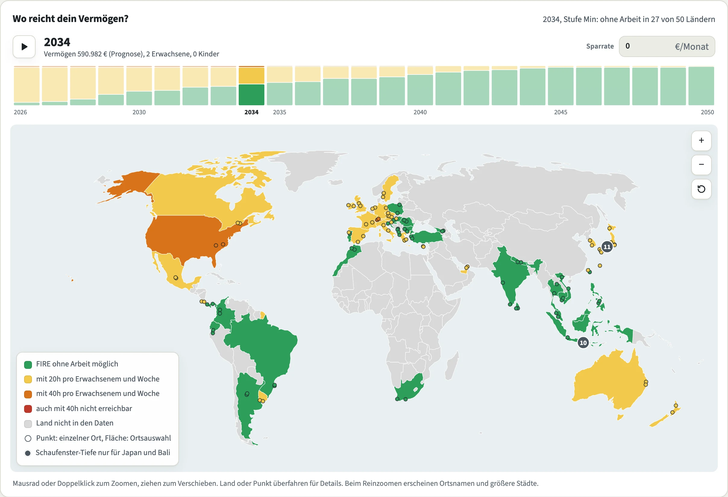 Weltkarte, Zeitachse auf 2034, Vermögen 590.982 €. Grün sind unter anderem Brasilien, Argentinien, Kolumbien, Indien, Thailand, Portugal, Polen und die Türkei. Spanien, Frankreich, Großbritannien, Italien, Deutschland, Australien, Kanada und Japan sind gelb, USA und Schweiz orange.